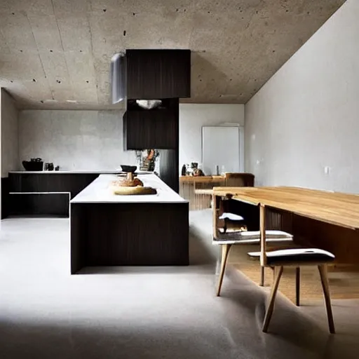 Prompt: “extravagant luxury modern kitchen, interior design, Japanese and Scandinavian and New Zealand influences, natural materials, by Tadao Ando and Koichi Takada”