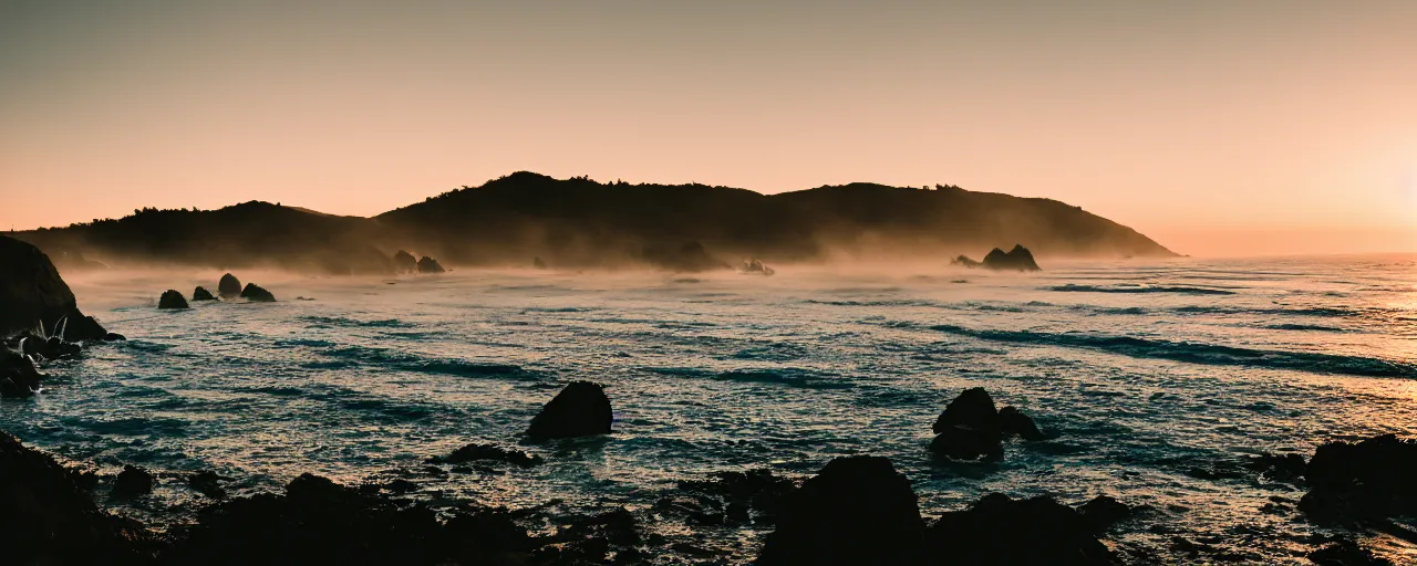 Prompt: a private beach in big sur california at sunset. cinematic photo. cinematic tone. sony 1 2 0 mm. f / 1. 8