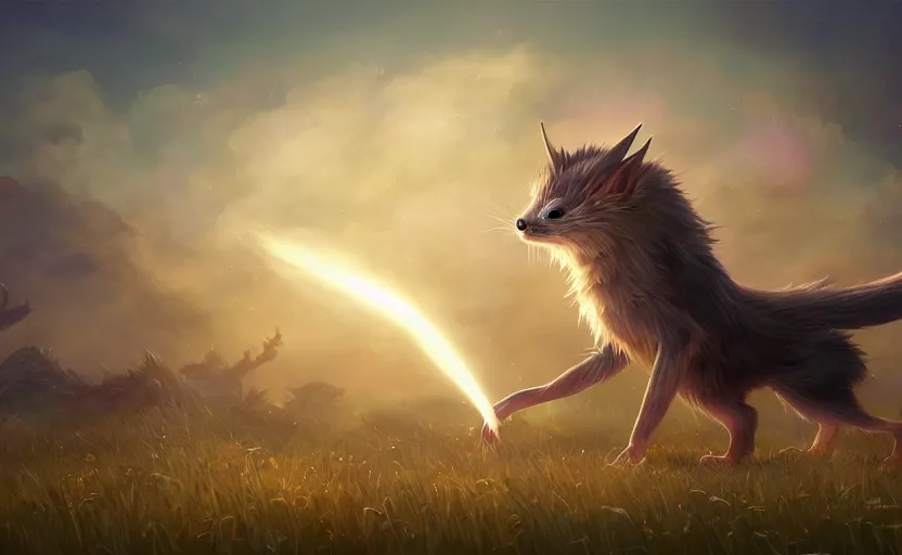 Prompt: A kamaitachi magical creature in a field, beautiful, cool dynamic lighting, atmospheric, cinematic, highly detailed digital art, painted by Scott Musgrove