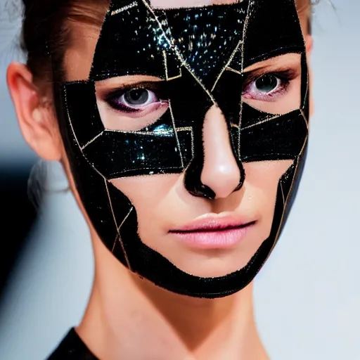 Prompt: close up of the face of a female fashion model on catwalk, model wearing a geometric black dress with circuit print, photography , fashion shooting , highly detailed