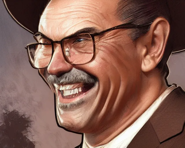 Image similar to close up of ernie sabella smiling wearing a brown suit and necktie, focus, d & d, intricate, elegant, highly detailed, digital painting, artstation, concept art, matte, sharp focus, illustration, hearthstone, art by artgerm and greg rutkowski and alphonse mucha