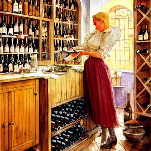 Image similar to hot blonde working in a wine cellar, food, pork, beer, schnapps, rustic, traditional, torches on the wall, watercolor by vladimir volegov and carl larsson