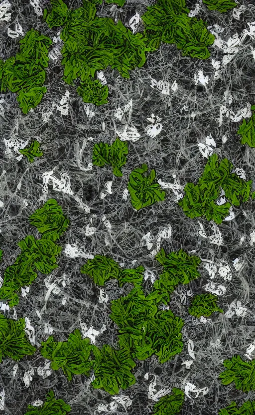 Prompt: view of the inside of a trash bag decorated with moss and flowers patches and with glowing elements, drawn with chalk, abstract, unorthodox, 4k, desktop wallpaper, raytracing