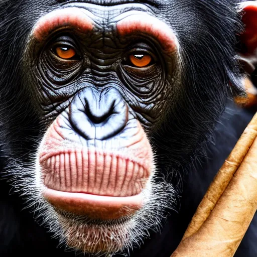 Image similar to a high detail closeup shot of a chimp wearing a suit, smoking a cigar