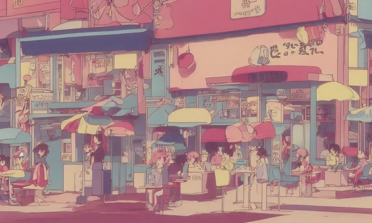 Image similar to A cute aesthetic still frame from an 80's or 90's anime, closeup of a cafe