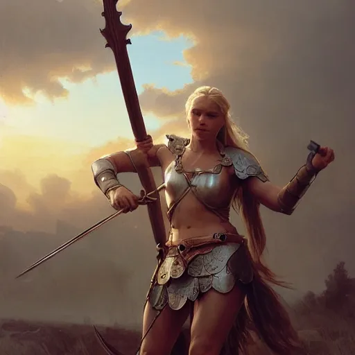 Prompt: A full view image of a viking shield maiden, with a spear and shield, at golden hour by Ruan Jia and Mandy Jurgens and Artgerm and william adolphe bouguereau, highly detailed, trending on artstation, award winning, H 768