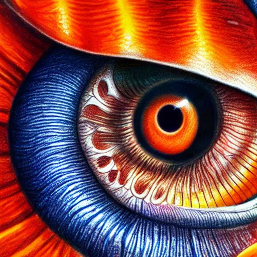 Prompt: hyper realistic pencil drawing of the human eye in the shape of snail shell, space background, unlimited detail, colored, space, dragon, intricate, detail, phoenix, orange