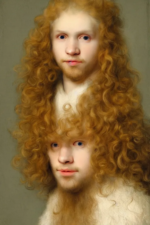 Prompt: a beautiful hyper real portrait of pretty pale prince Lucius with long fluffy curly blond hair, art by rembrandt