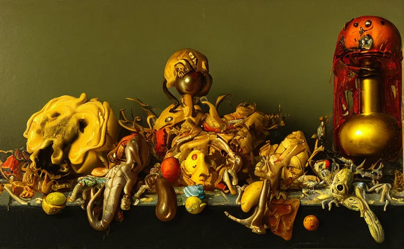 Image similar to disturbing colorful oil painting dutch golden age vanitas still life with grotesque bizarre objects strange gooey surfaces shiny metal rubber bizarre insects rachel ruysch dali todd schorr very detailed perfect composition rule of thirds masterpiece canon 5 0 mm, cinematic lighting, photography, chiaroscuro, film, kodachrome