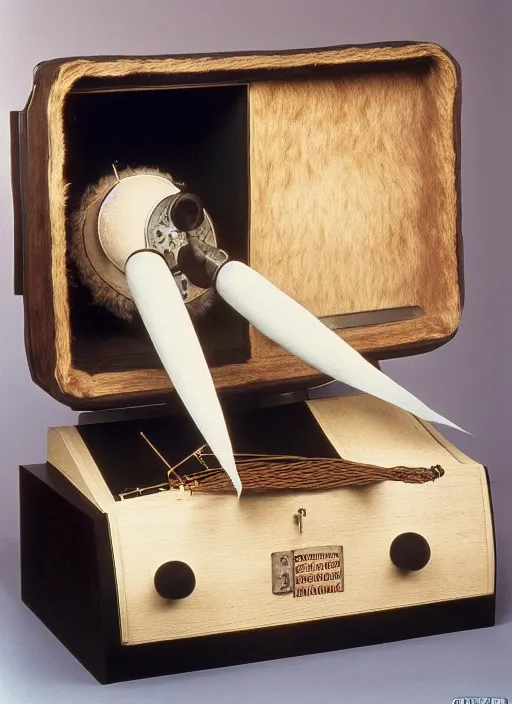 Image similar to realistic photo of a a medieval astronomy appliance model equipment gadget, made of wood white clay and fur with black wires 1 9 9 0, life magazine reportage photo, natural colors, metropolitan museum collection