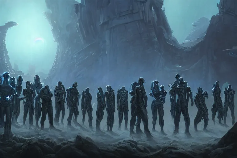 Image similar to ancient alien portral, a crowd of androids walking in a straight line along a path towards a portal, pilgrimage, in mad max style, stargate, coriolios rpg art style, full of details, dark sci - fi, cold blue colors, matte painting, artstation, 8 k, hyperrealistic, style of peter mohrbacher