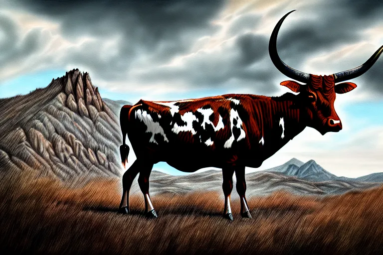 Image similar to a sketch of a longhorn steer on a high bluff in big bend, key visual, extremely moody, highly detailed, digital painting, sharp focus, illustration, unreal engine