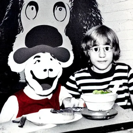 Prompt: 1 9 7 0 s polaroid portrait photograph of live actioin scooby doo and shaggy eating 6 foot tall sandwiches in wetherspoons