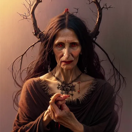 Prompt: portrait of a baba yaga, dark, piercing eyes, gentle expression, witchy clothing, photorealistic, highly detailed, artstation, smooth, sharp focus, art by michael whelan, artgerm, greg rutkowski and alphonse mucha