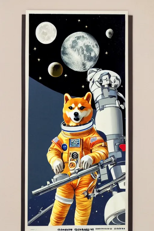 Image similar to Shiba Inu cosmonaut portrait, moon mission, 60s poster, 1968 Soviet Japanese