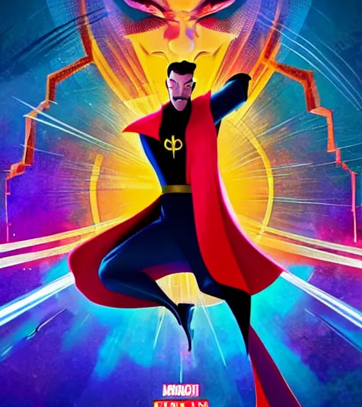 Image similar to poster art of dr strange rendered in the style of into the spiderverse