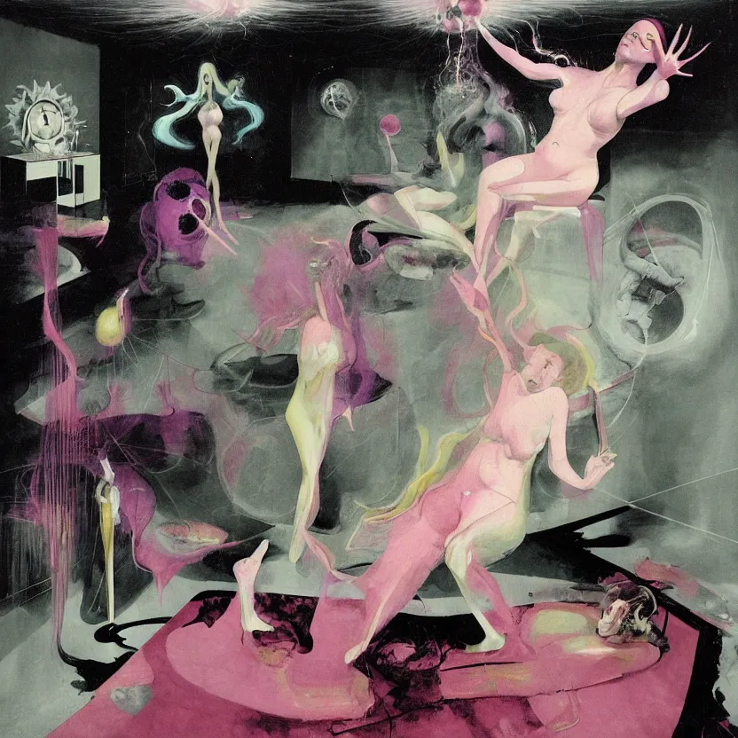 Prompt: Woman sirene start to bounce in a living room of a house, floating dark energy surrounds the middle of the room. There is one living room plant to the side of the room, surrounded by a background of dark cyber mystic alchemical transmutation heavenless realm, cover artwork by francis bacon and Jenny seville, midnight hour, part by adrian ghenie, part by jeffrey smith, part by josan gonzales, part by norman rockwell, part by phil hale, part by kim dorland, artstation, highly detailed