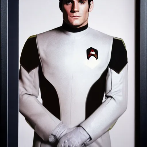 Image similar to a full body photograph of henry cavill as a star fleet captain from star trek next generation, full dress uniform, symmetrical face, extreme realism and detail, 8 k, completely framed, direct lighting, 3 5 mm photo, photorealistic, sharp focus