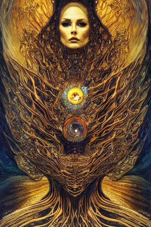 Prompt: Intermittent Chance of Chaos Muse by Karol Bak, Jean Deville, Gustav Klimt, and Vincent Van Gogh, enigma, destiny, fate, unearthly gears, otherworldly, fractal structures, prophecy, ornate gilded medieval icon, third eye, spirals