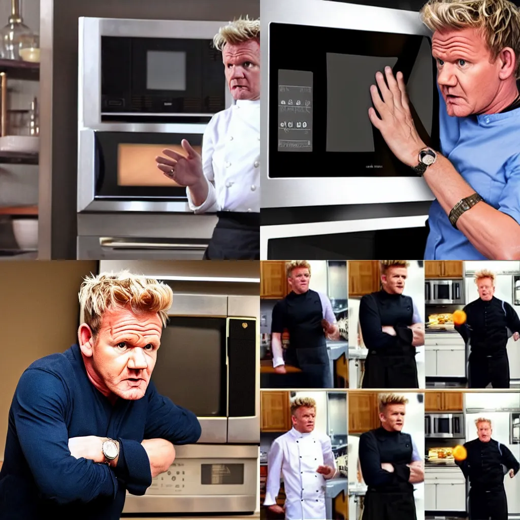 Prompt: A perturbed Gordon Ramsay attempting to figure out a microwave