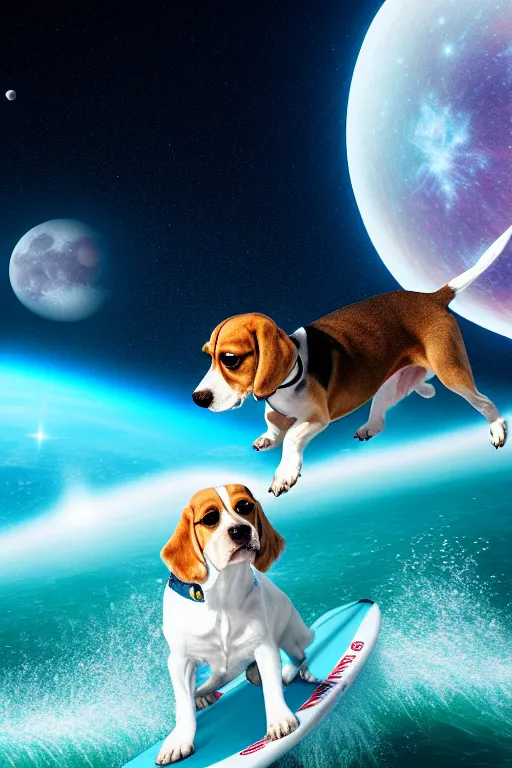 Image similar to beagle dog surfing a surfboard on a sparkly crashing wave of stardust in space, background is a moon in nebula, octane render, unreal engine, wide view, 8 k, highdetaild