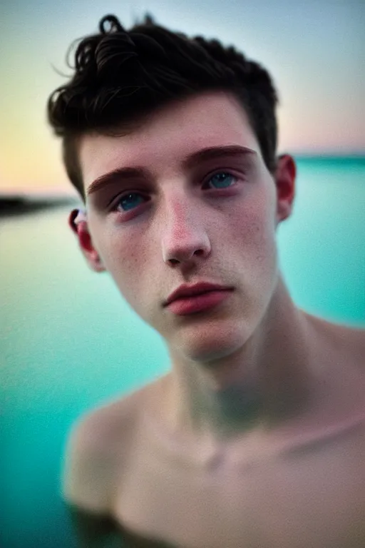 Image similar to high quality pastel coloured film mid angle docu photograph of a beautiful young 2 0 year old male, soft features, short black hair, clothed and painting an icelandic black rock pool environment. atmospheric. three point light. photographic. art directed. ( pastel colours ). volumetric light. clearcoat. waves glitch. 8 k. filmic.