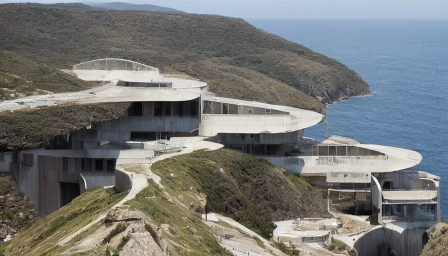 Image similar to big military base perched on a cliff overlooking a magnificient bay, laboratory, drawing architecture, science fiction, pritzker architecture prize, greig fraser