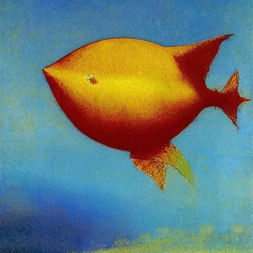 Image similar to sun fish made of sun and rainbow, odilon redon