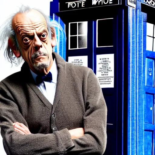 Image similar to christopher lloyd as doctor who in front of tardis, directed by christopher nolan