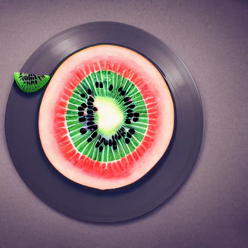 Prompt: art of vinyl record in shape of huge kiwi fruit, 4 k, unreal render, by blender guru, vibrant colors