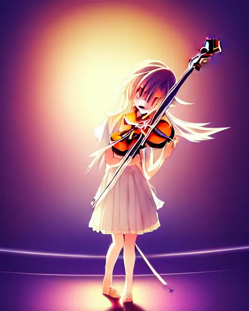 Image similar to anime style, chibi, full body, a cute girl with white skin and golden long wavy hair holding a violin and playing a song, heavenly, stunning, realistic light and shadow effects, modern art, realism, centered, landscape shot, happy, simple background, studio ghibly makoto shinkai yuji yamaguchi