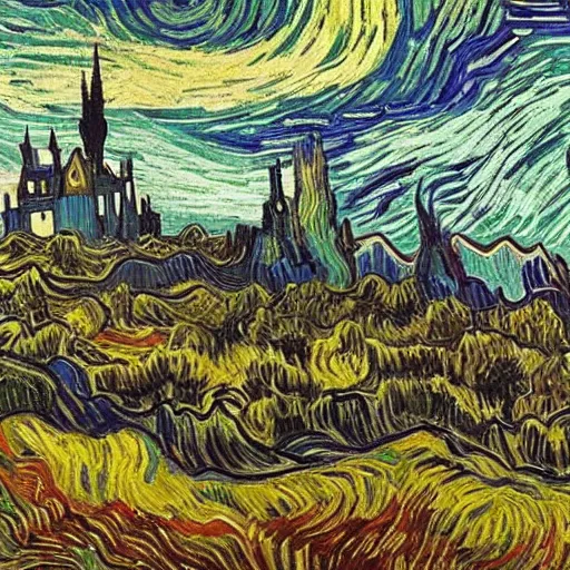 Image similar to beautiful gothic castle landscape in the style of Vincent Van gogh