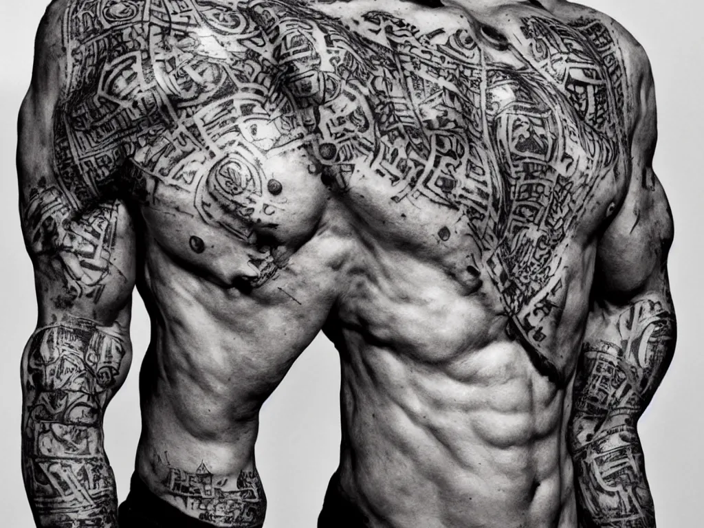 Image similar to front portrait of a muscular torso covered in runic tattoos front view, art by Ruan Jia , Moebious, Craig Mullin, and Nick Knight