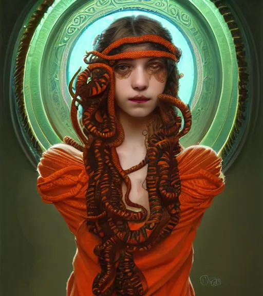 Image similar to portrait of teenage medusa, snake hair, naughty smile, wearing an embroidered orange tunic, intricate, sensual, sultry, elegant, copper and emerald jewelry, glowing lights, seductive, highly detailed, digital painting, artstation, concept art, smooth, sharp focus, illustration, art by wlop, mucha, artgerm, and greg rutkowski