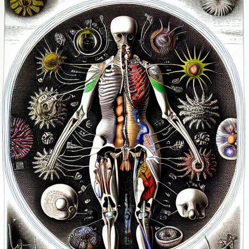 Image similar to cyborg anatomy by ernst haeckel, masterpiece, vivid, very detailed