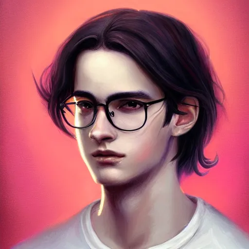 Prompt: colorful and festive captivating young man with straight long black hair, round glasses, wearing a white t - shirt, atmospheric lighting, painted, intricate, highly detailed by charlie bowater