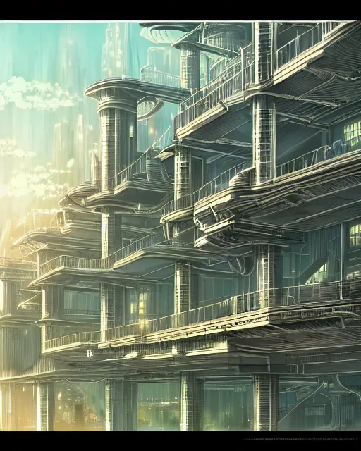 Image similar to a beautiful very detailed anime illustration of architecture unfinished building city manor nature industrial architecture by cesar pelli, bladerunner 2 0 4 9 retro morning sun, archdaily, wallpaper, highly detailed, trending on artstation.