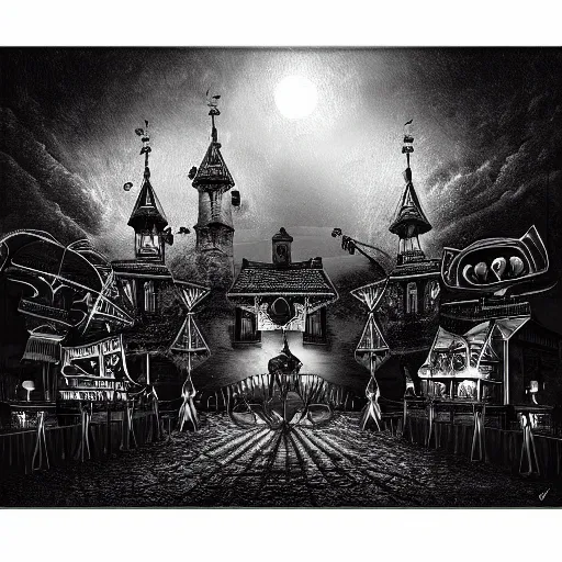 Prompt: ultra realist soft painting of a curiosities carnival by night, horror, omnious sky, symmetry accurate features, very intricate details, black and white, volumetric light clouds