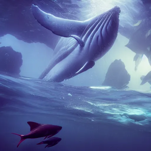 Prompt: Whale and fish underwater ,cinematic shot, epic, volumetric lighting, made by Stanley Artgerm Lau, WLOP, Rossdraws, ArtStation, CGSociety, concept art, cgsociety, octane render, trending on artstation, artstationHD, artstationHQ, unreal engine, 4k, 8k,