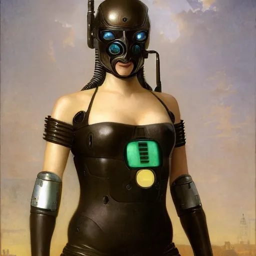 Image similar to painting of a cyberpunk android by william bouguereau, fully clothed in futuristic armor, high resolution