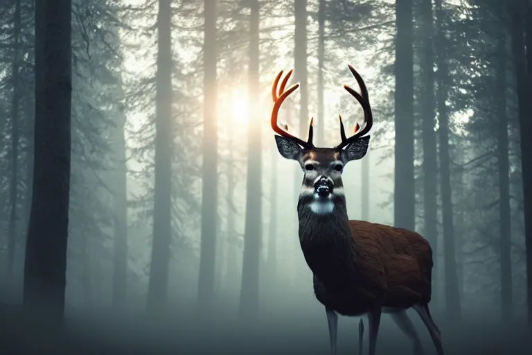 Image similar to a close up of the head of a deer. The deer has bright white eyes. background of a landscape misty forest scene, the sun glistening through the trees, hyper realistic photograph, octane render 8k, trending on artstation, unreal engine