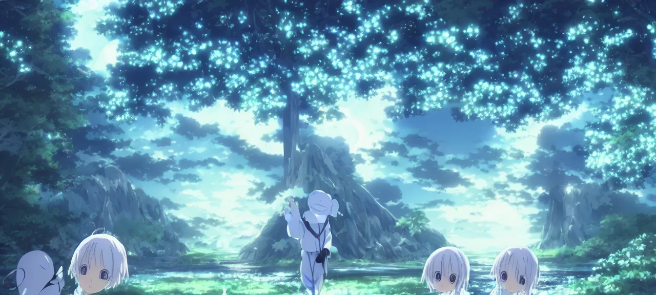 Prompt: Konpaku petting aqua ghost | ghibli clover | Big Moon at Blue Night | Trees with white flowers | bioluminescent blue FLOWERS | strong blue rimlit | visual-key | anime illustration | highly detailed High resolution | Light Novel | Visual Novel | Gosick