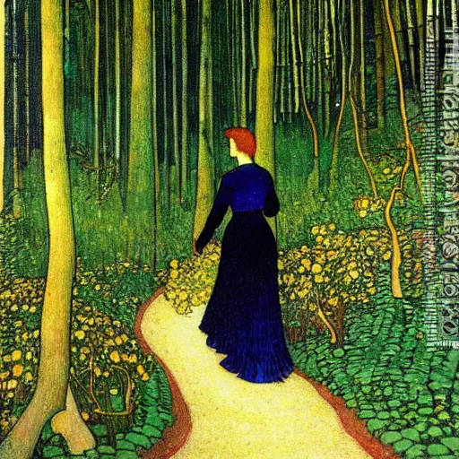 Prompt: a person walking through a forest, art by ivan bilibin and giacomo balla,