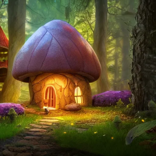 Image similar to A fairy tale toadstool-style house in magical forest, cinematic lighting, photo realistic image, 4K, super detailed, cinematic look, H 1024