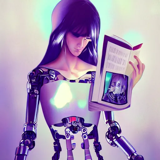 Prompt: robotic cybernetic girl reading a book, portrait, pixiv, arstation, digital art