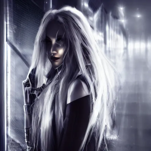 Prompt: portrait of a future cyberpunk character, beautiful female, high fashion, long white hair, stunning face, dark background and dramatic lighting, ultra detail