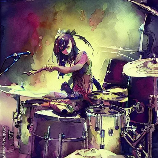 Image similar to Octopus girl playing R&R drum kit in the spotlight with rock band concert, cyberpunk, realistic, detailed, Industrial Scifi, paint, watercolor, in the style of Ashley Wood and Wadim Kashin