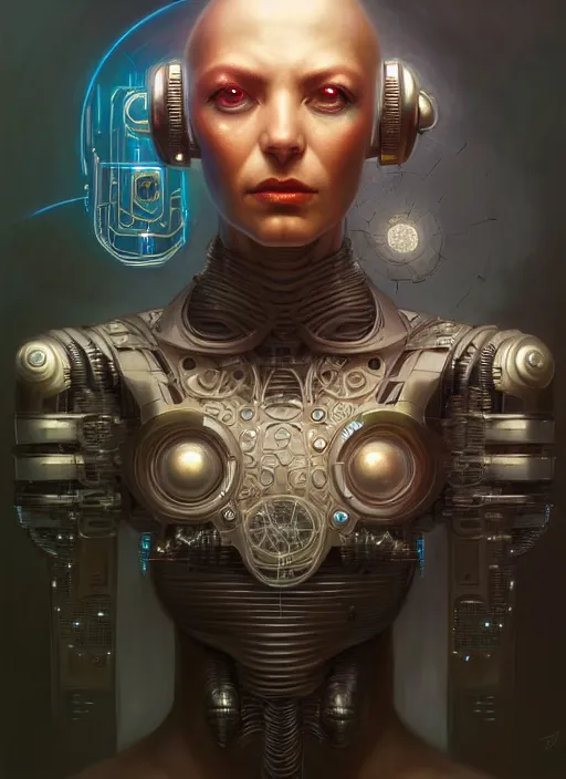 Image similar to portrait shot of a cyberpunk robot, intricate, elegant, highly detailed, centered, digital painting, artstation, concept art, smooth, sharp focus, illustration, artgerm, tomasz alen kopera, peter mohrbacher, donato giancola, joseph christian leyendecker, wlop, boris vallejo