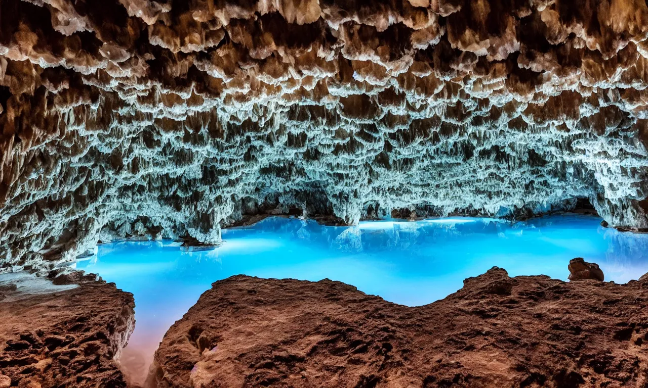 Prompt: an extremely large cave, brightly lit, filled with quartz crystal formations, pools of water