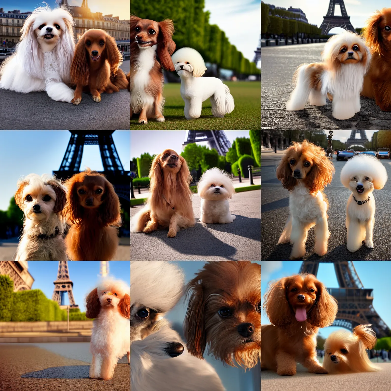 Prompt: a photorealistic closeup image of a cute brown colored long haired chihuahua cocker spaniel dog with a happy white bichon frise dog in paris outside the eiffel tower. brightly lit. extreme detail. 4 k hd unreal engine